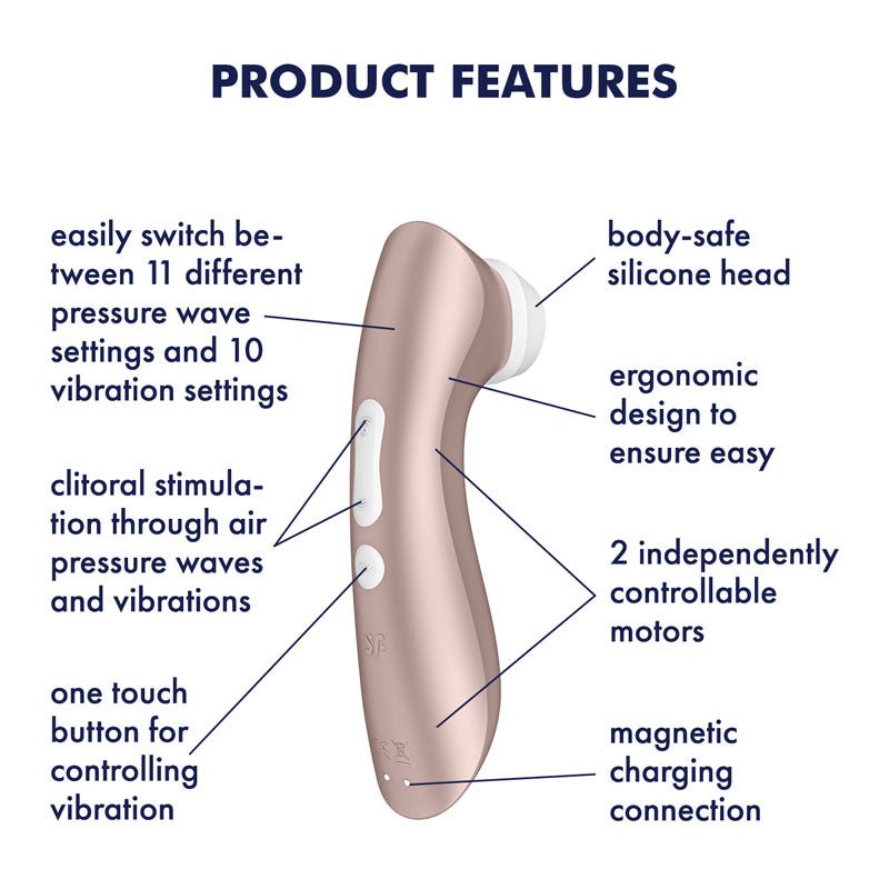Satisfyer Pro 2+ Rose Gold Clitoral Stimulator rear view howing controls with descriptions on white background 2