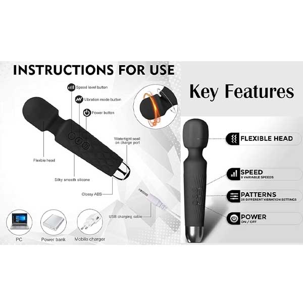 SXE – Juliet USB, 20 x Mode Clitoral & Massage Wand (Black) - Redshoe - Essentials for her - Pleasures for Both 2