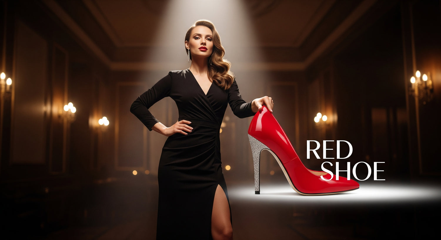 Woman in a black dress holding a red high-heeled shoe in a dimly lit room.