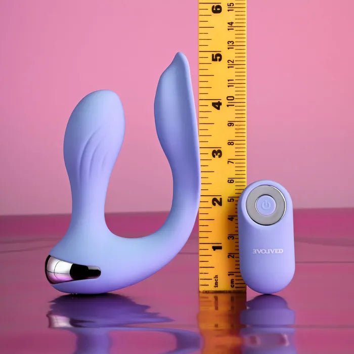 Evolved EVERY WAY PLAY Wearabe Vibrator with ruler and remote for size comparison