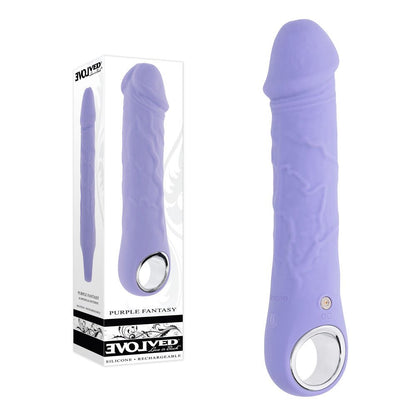 Evolved PURPLE FANTASY Phallic Multi - Speed Vibrator with packaging on white background