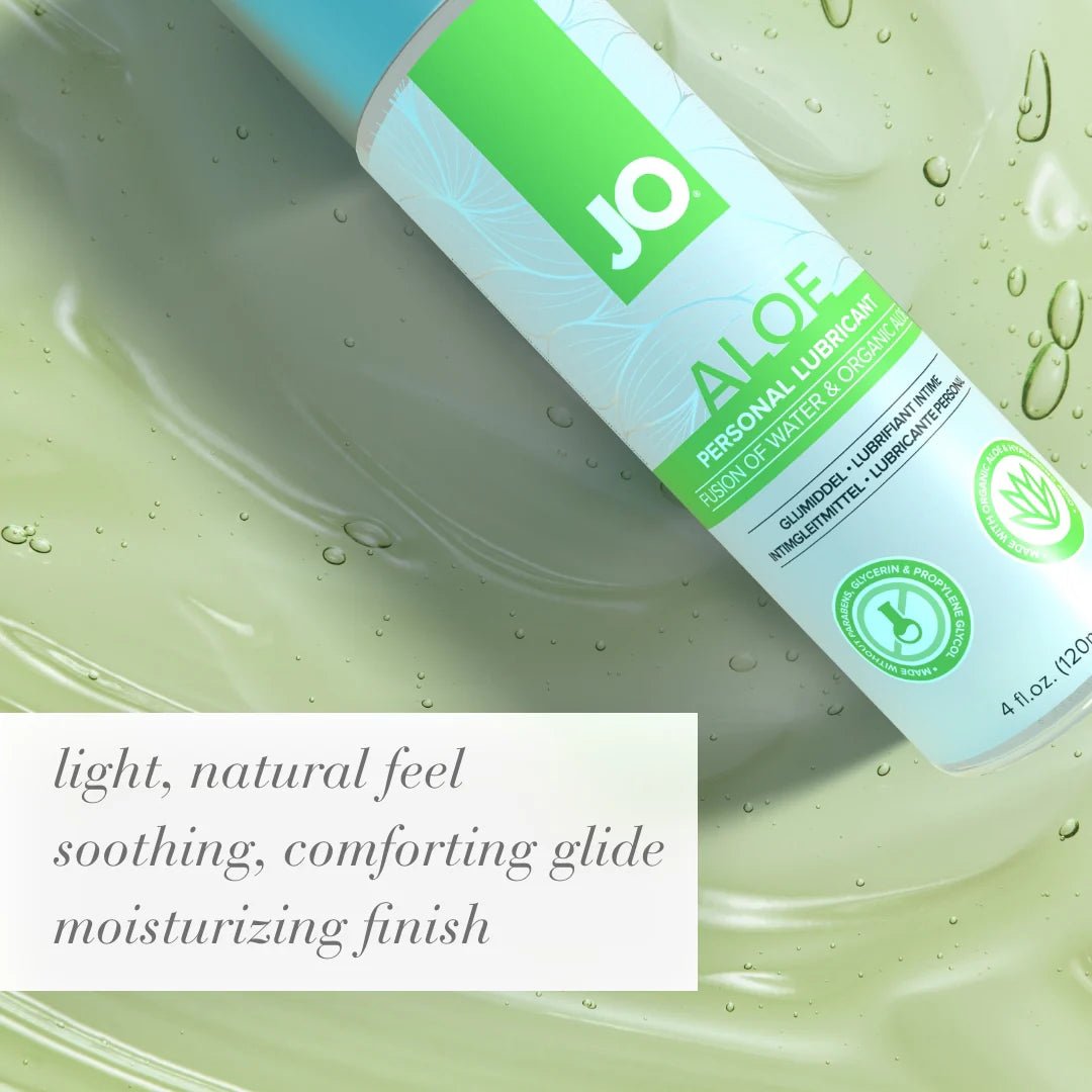 JO Aloe Original Lubricant 120 mL bottle on side with marketing text on light green background with water droplets