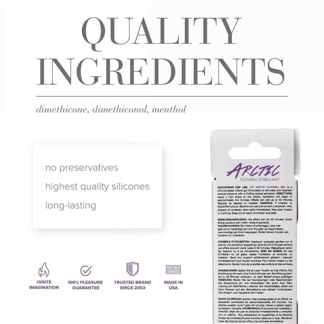 JO Arctic Clitoral Stimulant Gel 10mL ingredients list and rear of package on white background