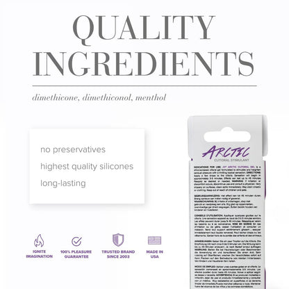JO Arctic Clitoral Stimulant Gel 10mL ingredients list and rear of package on white background