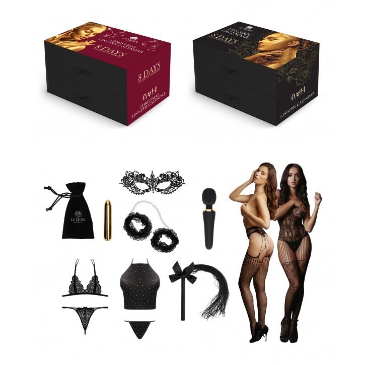 Le Desir Sex toy set with packaging and accessories on a white background
