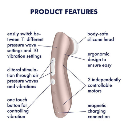 Satisfyer Pro 2+ Rose Gold Clitoral Stimulator rear view howing controls with descriptions on white background